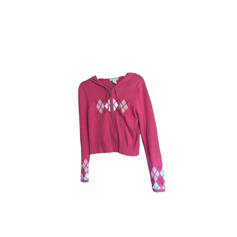 Next Era Couture Pink Zip Up Argyle Long Sleeve Hooded Sweater Size Medium